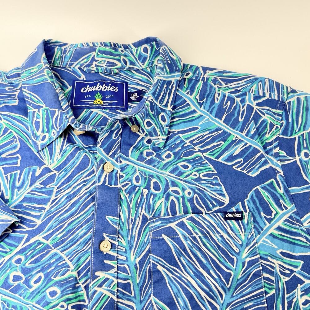 Chubbies Friday Shirt Mens Large Hawaiian Palm Leaf Blue Resort Beach Cabana‎